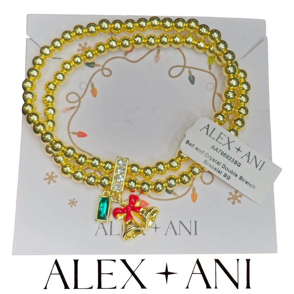 Alex and Ani Bracelet Holiday Bell Stretch Charm Gold Tone Crystal Green Clear
